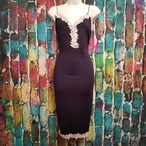 Navy Blue Bodycon Applique Trim Dress